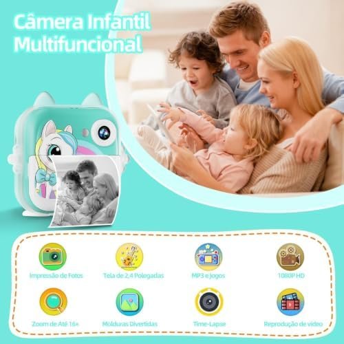 Câmera infantil multifuncional: impressão de fotos, tela de 2,4 polegadas, MP3 e jogos, 1080p HD, zoom de até 6x