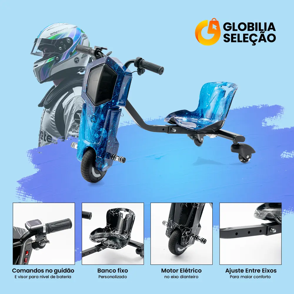 Drift Elétrico estampa Galáxia Azul: comandos no guidão, banco fixo, motor elétrico no eixo dianteiro e ajuste entre eixos