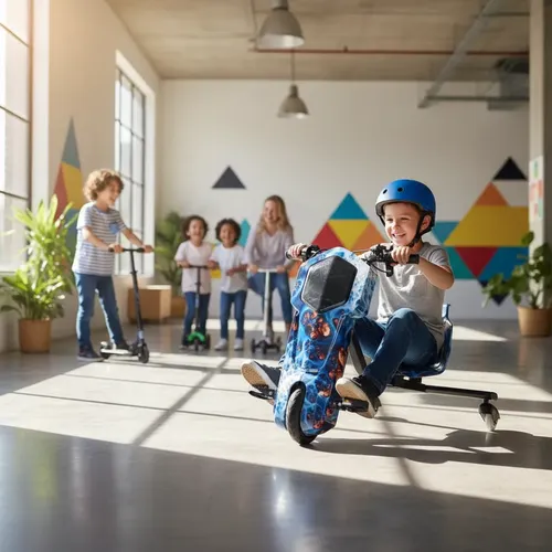 Crianças se divertindo com o Triciclo Elétrico Drift em um espaço colorido e seguro