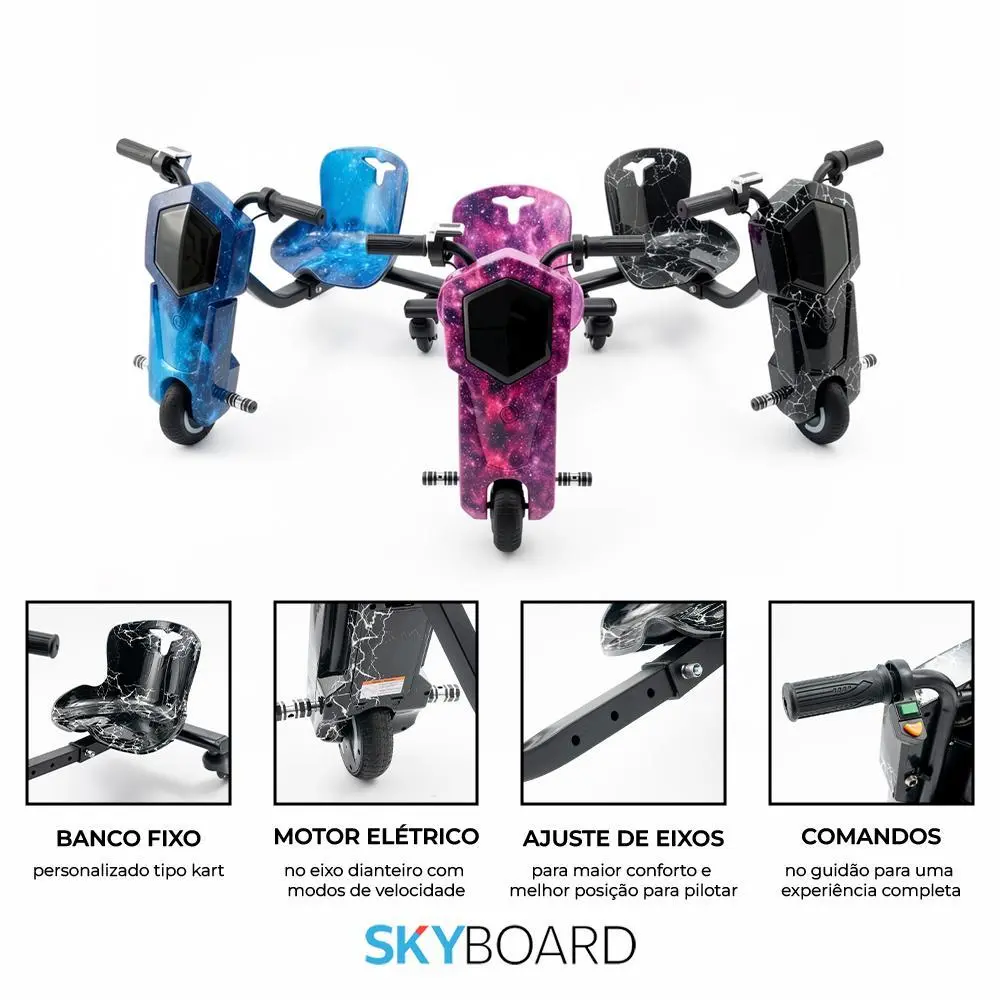 Triciclo Elétrico Drift nas estampas azul, rosa e preto lado a lado