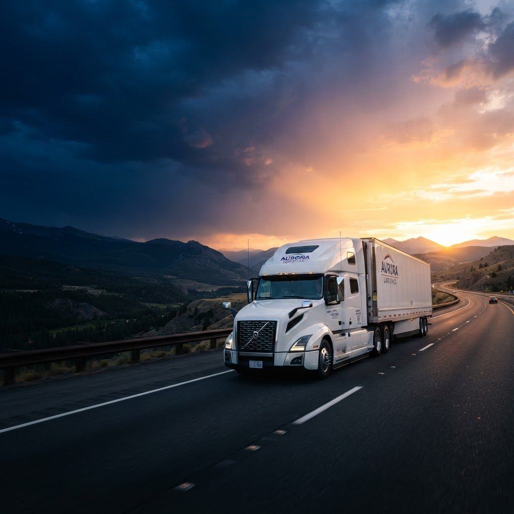 Caminhão da LogBrasil Logística em rodovia ao pôr do sol