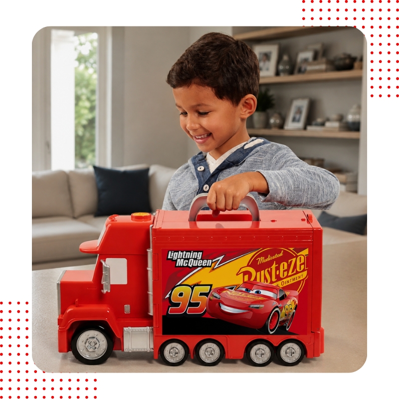 Criança brincando com a oficina RaceGarage aberta, com o carrinho do Relâmpago