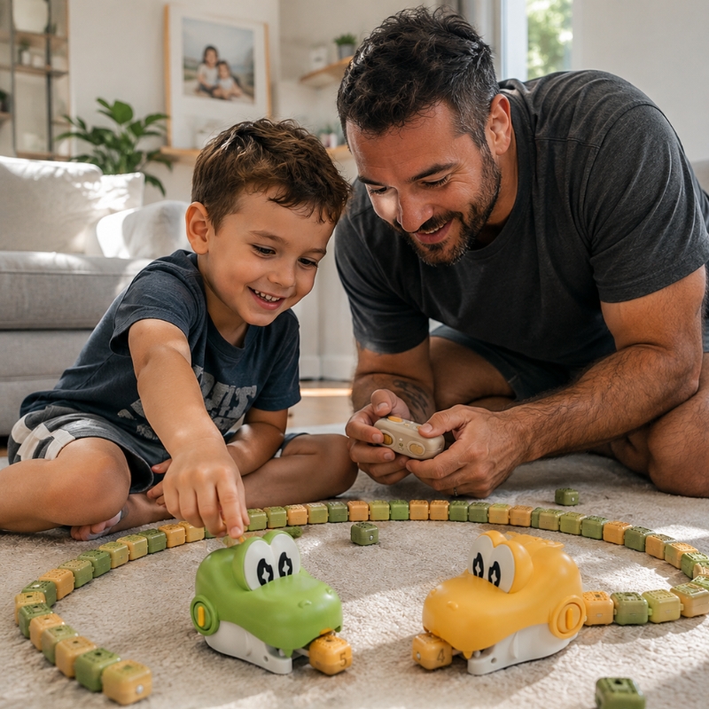 Pai e filho brincando juntos com o SnakeFun no tapete da sala