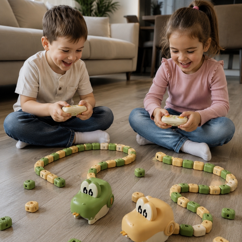Duas crianças brincando cada uma com sua cobrinha SnakeFun