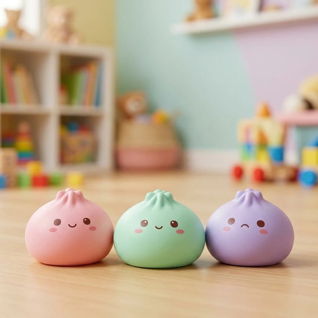 Squishy dumpling nas cores rosa, verde e lilás lado a lado