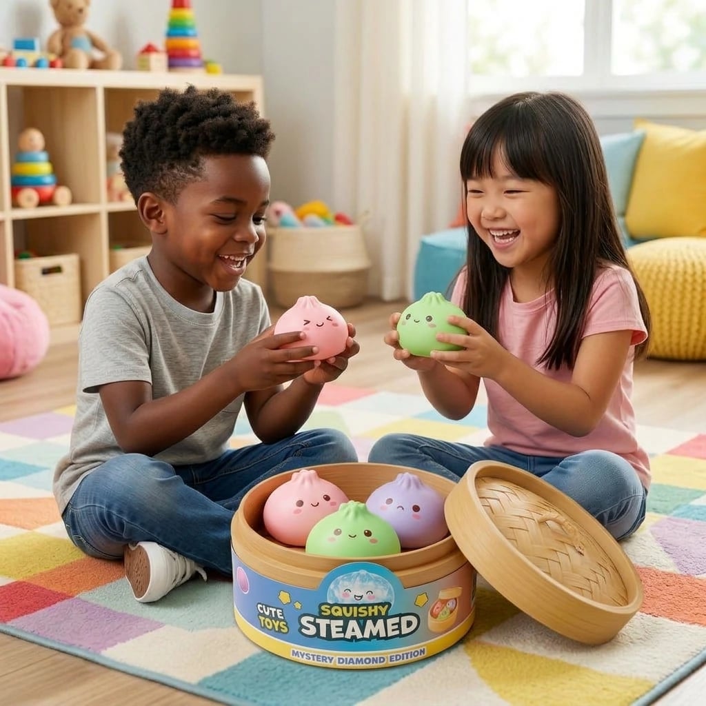 Crianças brincando com os squishies dumpling, caixa aberta