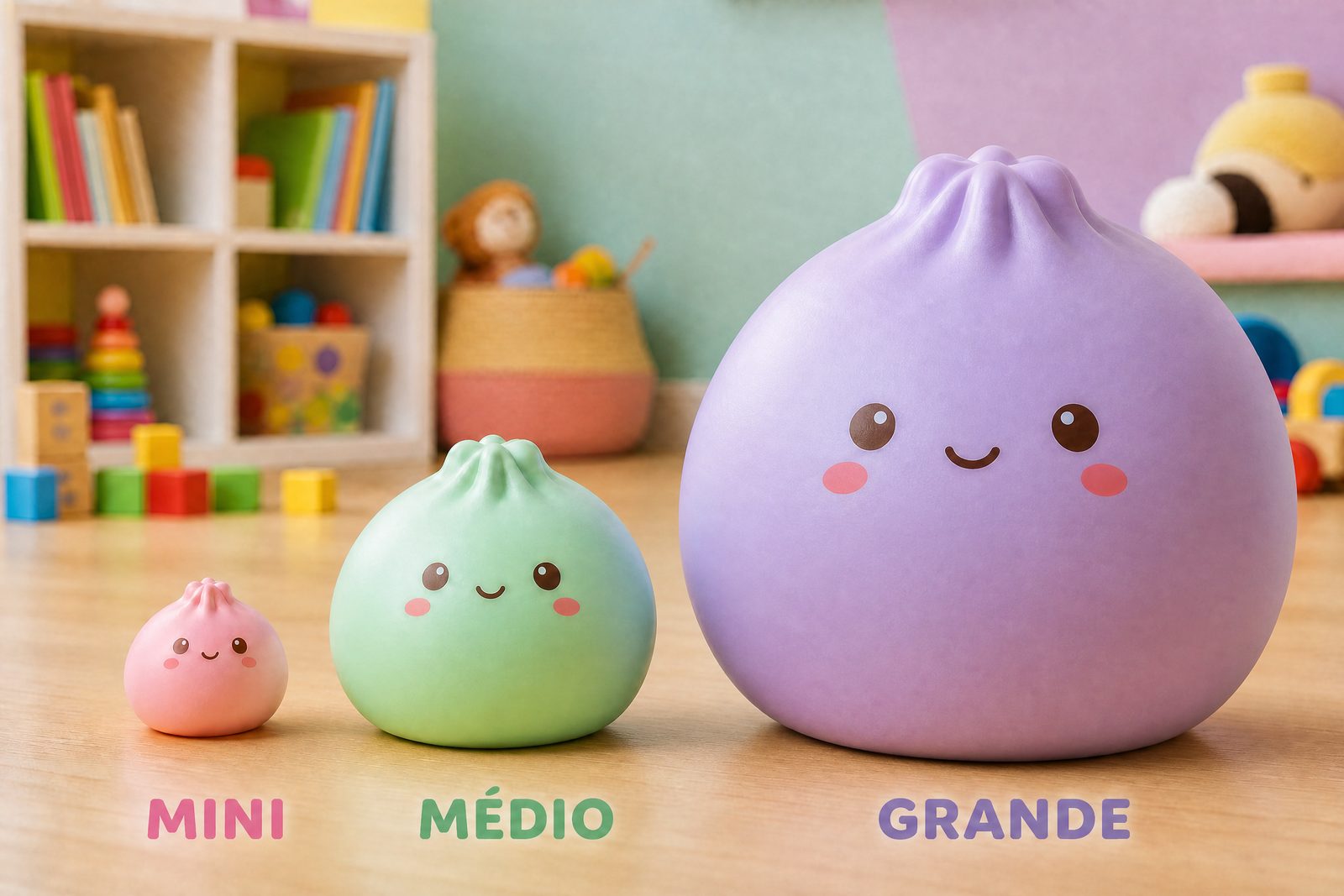 Squishy Dumpling nos tamanhos Mini, Médio e Grande lado a lado